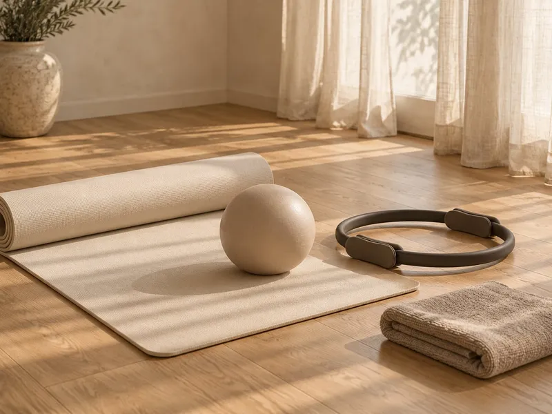 Mata, piłka i ring do pilatesu na drewnianej podłodze